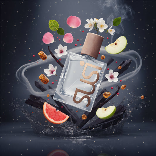 Susi Perfume bottle with flowers and fruits on a dark background